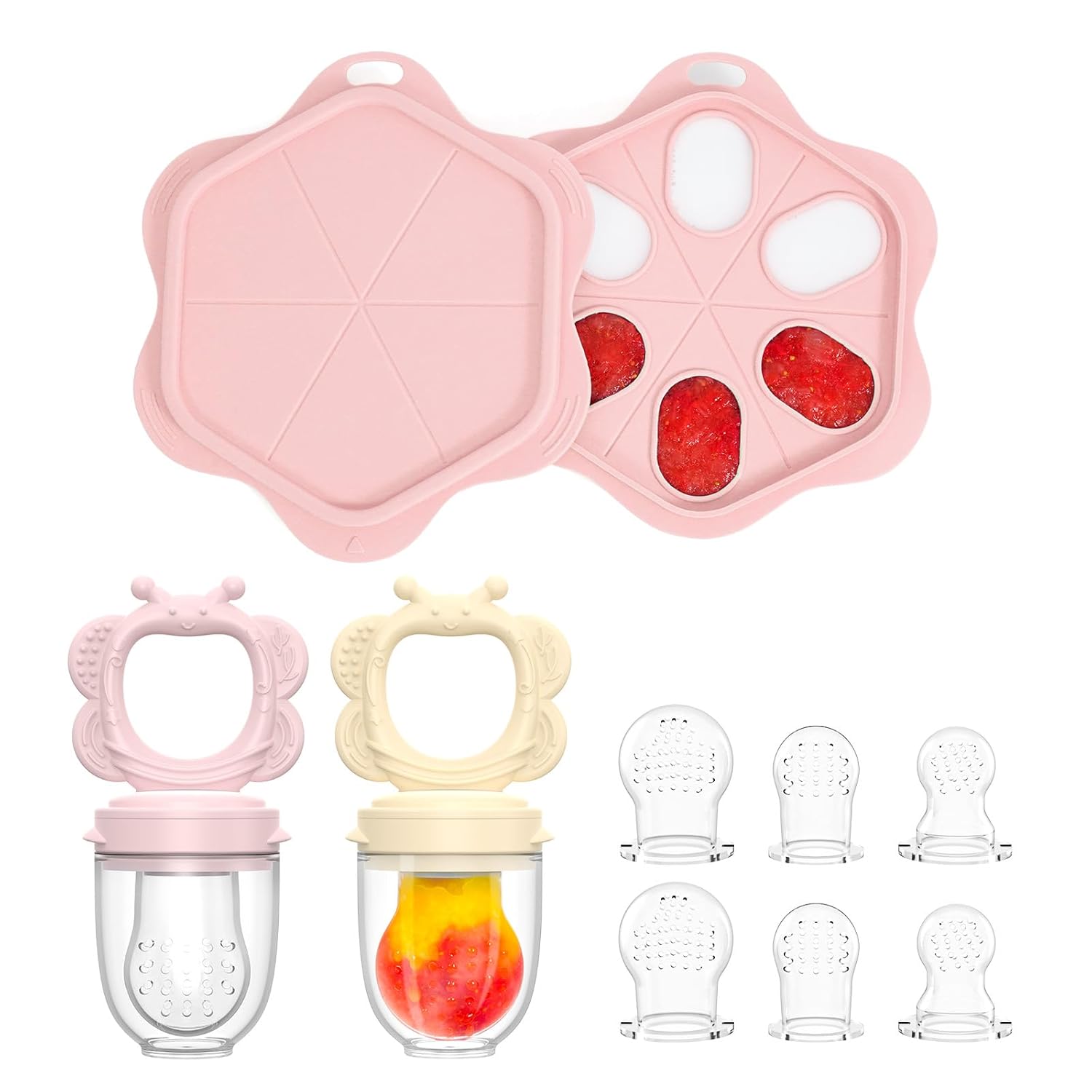 Silicone Baby Fruit Food Feeder (2 Pack) with Freezer Nibble Tray, Breastmilk Popsicle Molds for