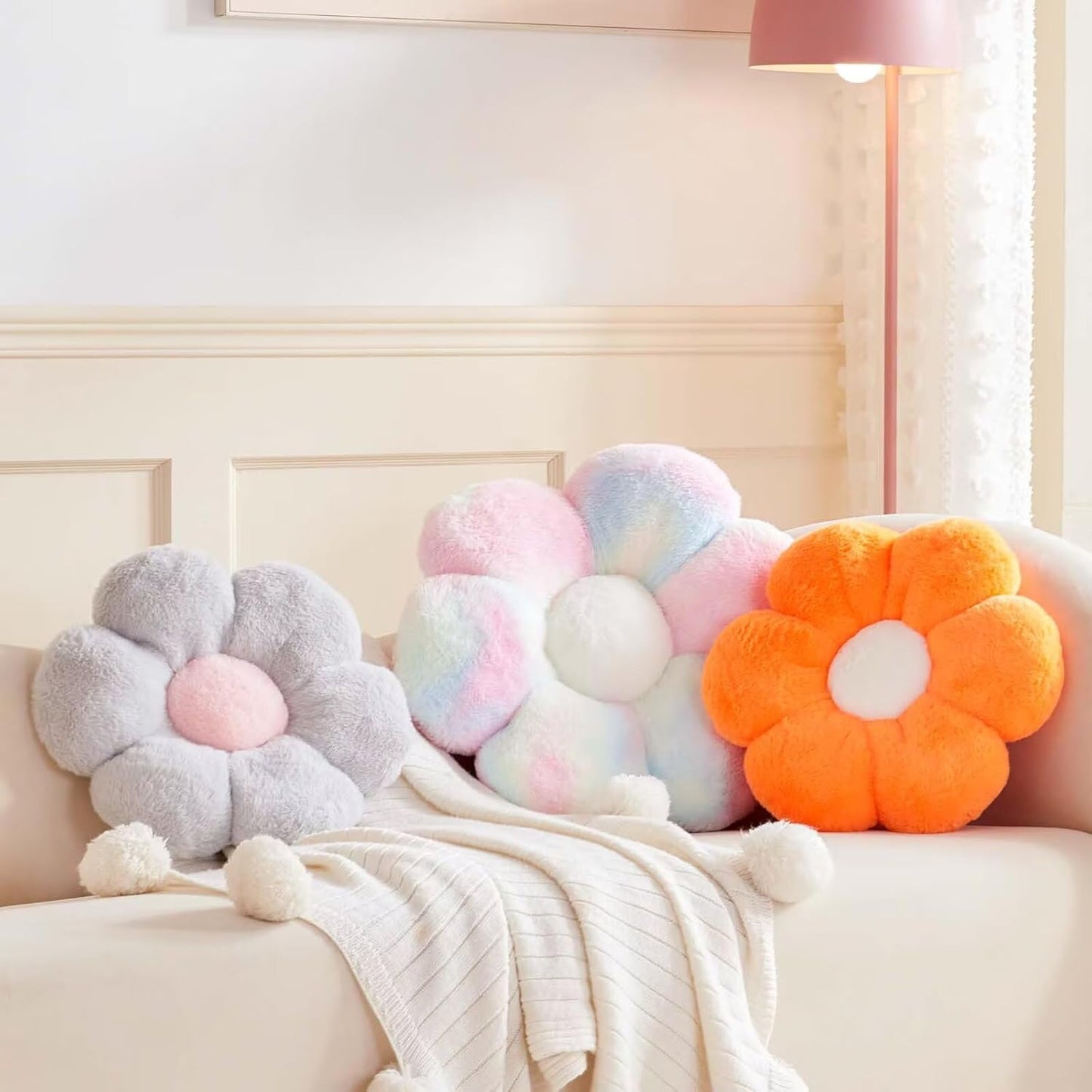 Silver Flower Pillow, 17.7" Flower Shaped Plush Decorative Throw Pillow for Bed