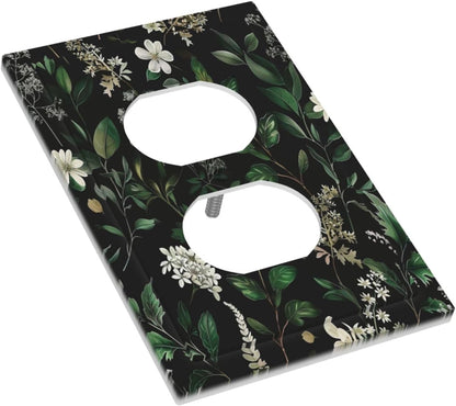 Decorative Outlet Covers Rustic Green Leaves White Flower 1 Gang Duplex Light Switch Cover Plate Wall Plates for Electrical Outlets Switchplate Faceplate for Country Bedroom Home Decor