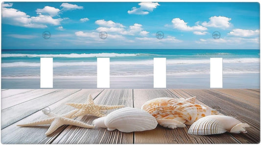 Light Switch Covers Beach Waves Brown Wood Starfish Shells Quad Toggle Electrical Faceplate 4 Gang