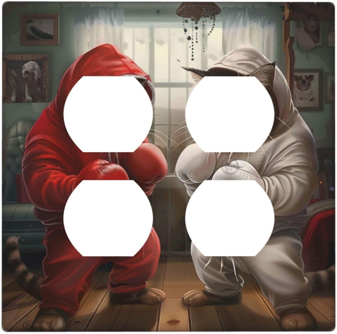 Decorative Outlet Covers Funny Red Boxing Cats White Tomcat 2 Gang Wall Plate Cover Double Duplex Receptacle Two Switch Light Switch Cover Plate Jumbo Dual Faceplate for Home Decor
