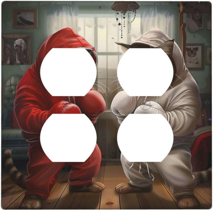 Decorative Outlet Covers Funny Red Boxing Cats White Tomcat 2 Gang Wall Plate Cover Double Duplex Receptacle Two Switch Light Switch Cover Plate Jumbo Dual Faceplate for Home Decor
