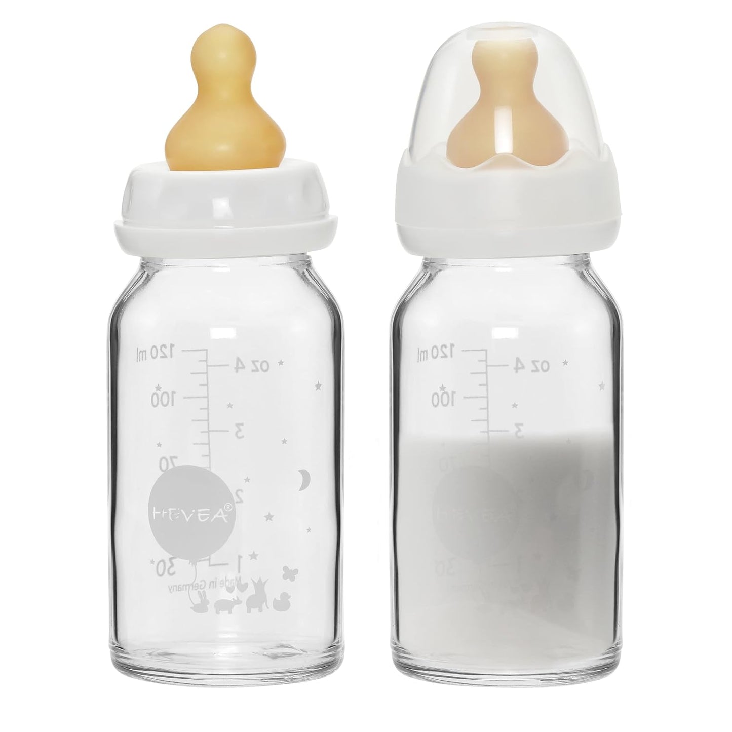 HEVEA Standard Neck Glass Baby Bottles - Natural Rubber Slow Flow Nipples - Anti Colic Baby Bottles