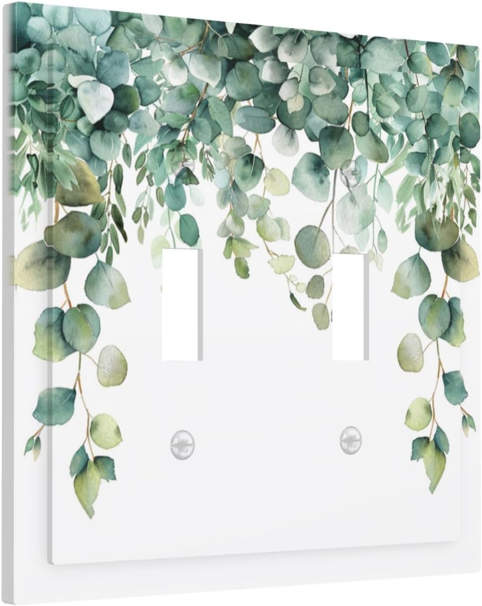 Decorative Switch Covers Plate Rustic Green Eucalyptus Leaves 2 Gang Wall Plate Unique Double Toggle Light Switch Plate Wall Cover Plate Faceplate for Country Bedroom Home Decor