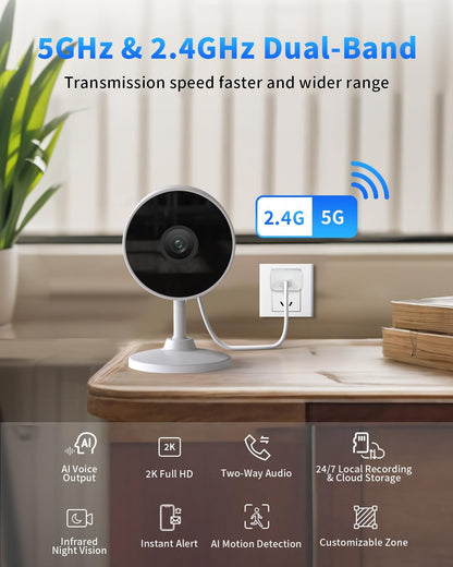[5G & 2.4G] 2K Indoor Security Cameras for Home Security, AI Voice Change for 2-Way Talk, Motion Detection, Night Vision, 24/7 SD Recording/Cloud Storage, Baby Monitor/Dog/Pet Camera with Phone App, 4