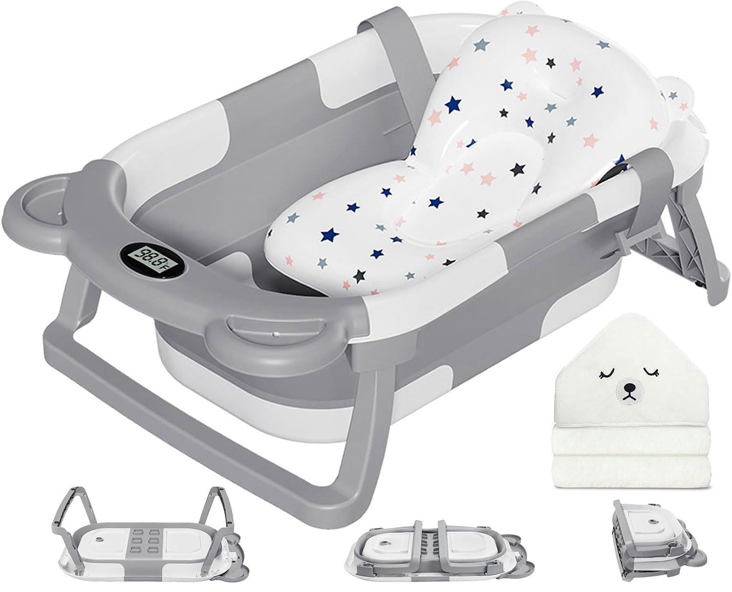 MoreFeel Collapsible Baby Bathtub for Newborn with Thermometer & 1 Hooded Towel & 1 Soft Floating