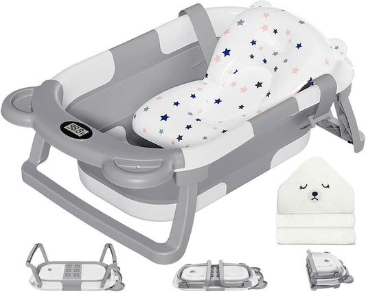 MoreFeel Collapsible Baby Bathtub for Newborn with Thermometer & 1 Hooded Towel & 1 Soft Floating