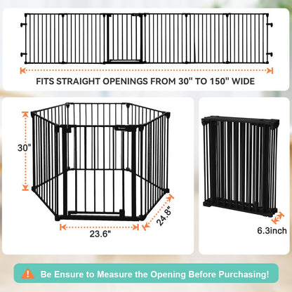 COMOMY 150" Extra Wide Baby Gate with Door, Dog Gates for The House Doorways Fireplace, Auto Close Baby Fence Play Area, Walk Through Pet Gate, Hardware Mounted Baby Gate, 6-Panels (30" Tall, Black)