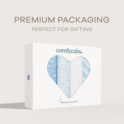 Comfy Cubs Muslin Swaddle Blankets Pack of 4, 47 x 47 Inches, Soft Cotton Baby Blanket Set, Large Multipurpose Swaddling Wraps for Newborns - Self-Soothing Swaddle - Blue