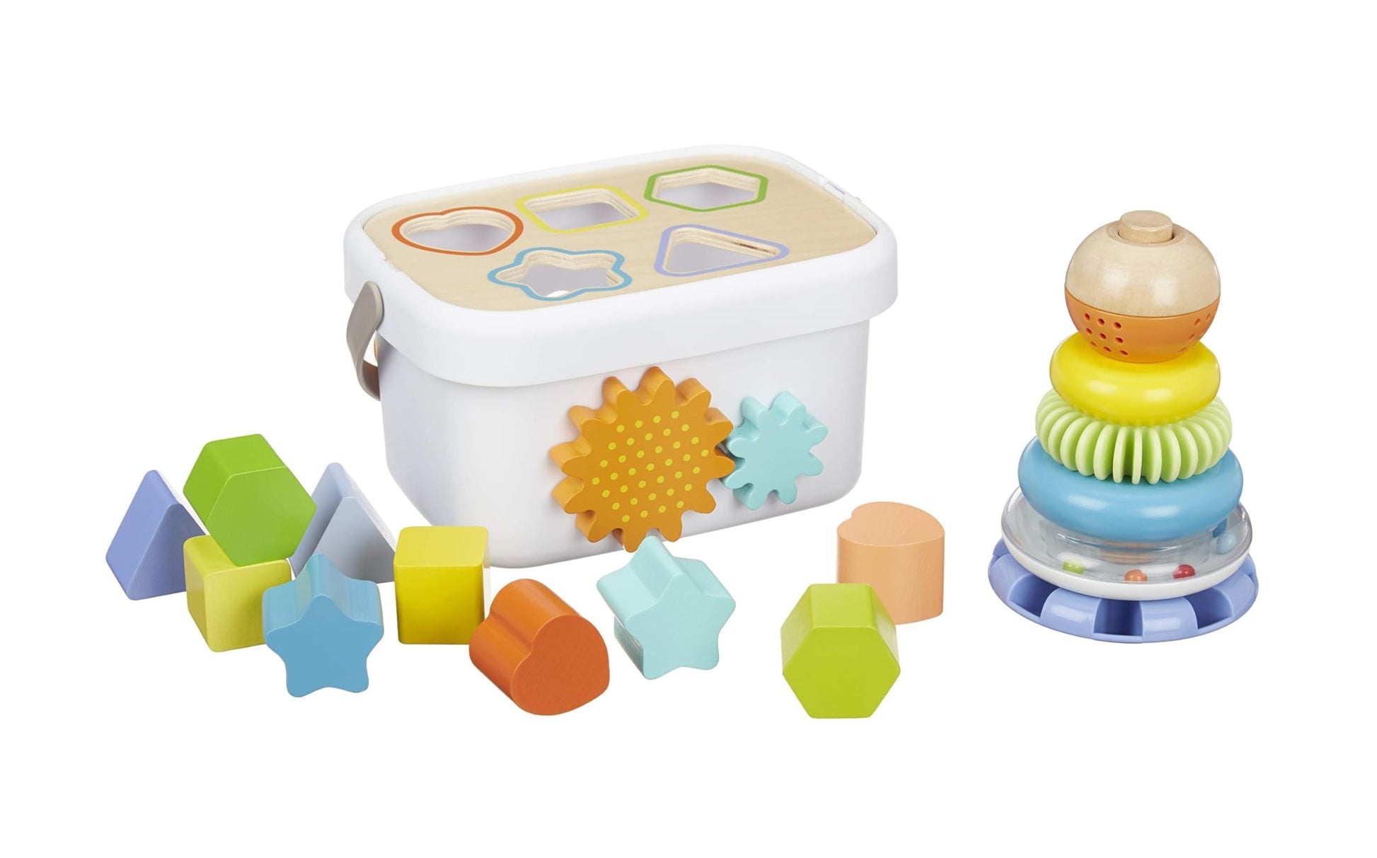 Amazon Basics Wooden Shape Sorter and Rainbow Stacker Classic Baby Toy Set-Sorting Play for Infants