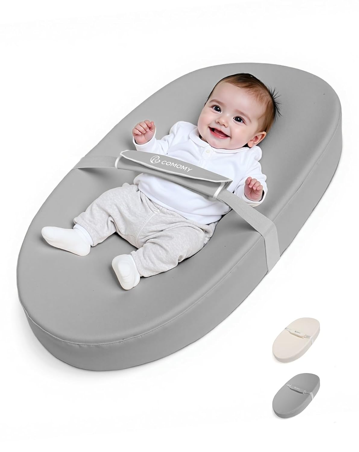 COMOMY Baby Changing Pad with Wipeable & Waterproof PU Cover, Contoured Diaper Changing Pad for Dresser with Non-Slip Safety Belt, Portable and Lightweight, Large Cushioned Foam, Gray