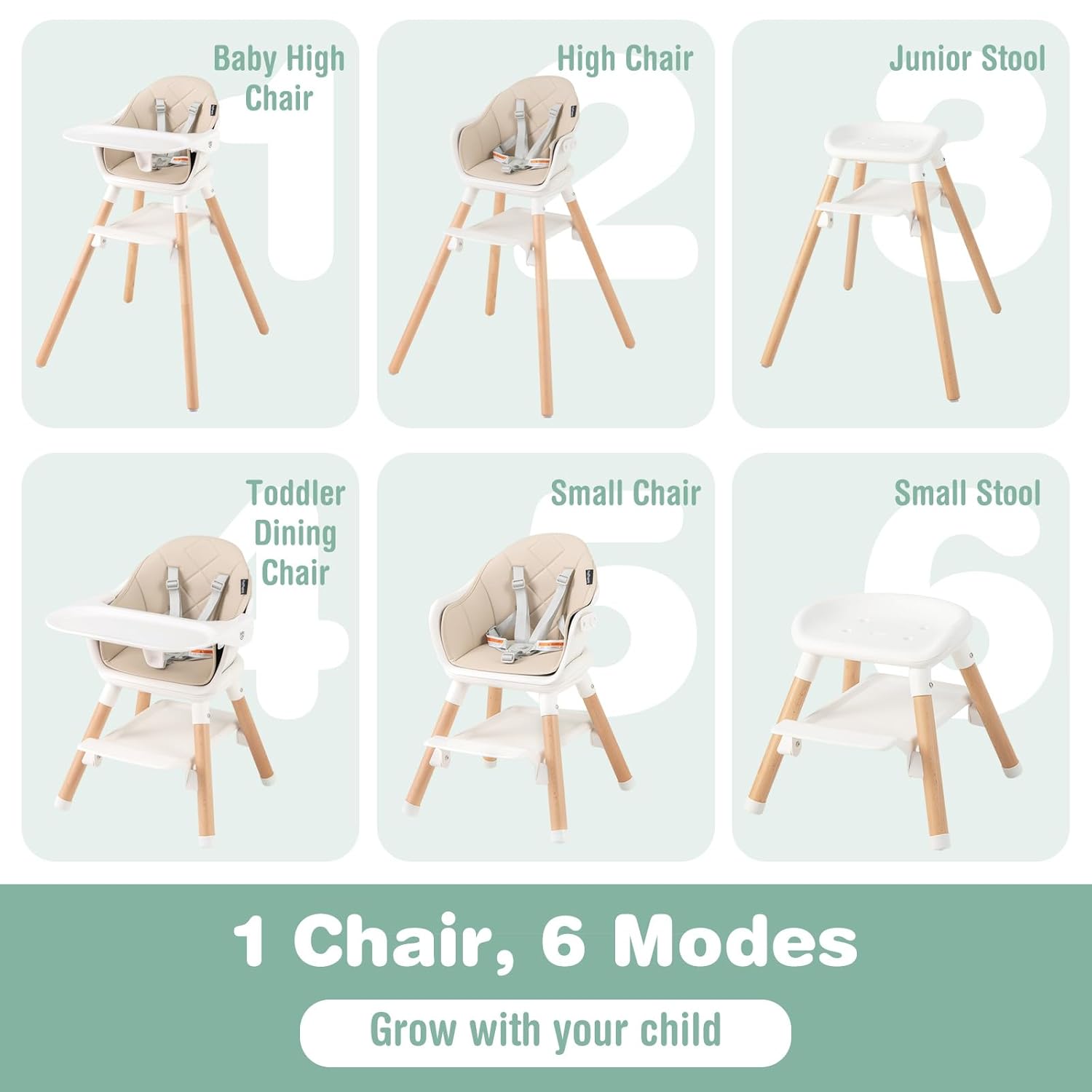 BABY JOY High Chair, 6 in 1 Convertible Wooden Highchair for Babies & Toddlers with Adjustable