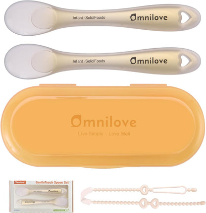 Silicone Baby Spoons 2-Pack with Case, Self Feeding 6 Months, Baby Led Weaning Supplies, Toddler Utensils with Safety Chain, Toddler Essentials, Dishwasher Safe Baby Safety Products