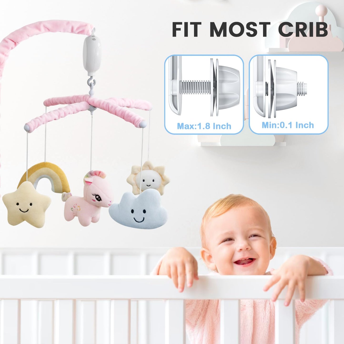 Feisike Crib Mobile for Girls - Baby Mobile for Crib with 35 Lullabies, 3 Modes Digital Musical Box（Turn Only, Music Only, Turn & Music, Pink, Nursery Toys, Nursery Decor, Knob Type