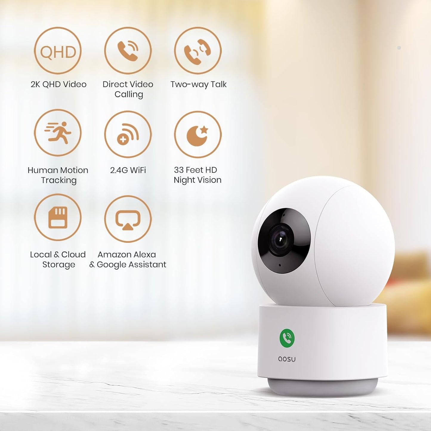 AOSU 2K Security Camera Indoor, Baby Monitor Pet Camera One-Touch Call, Smart Motion Tracking, IR Night Vision, Compatible with Alexa, 2 Pack
