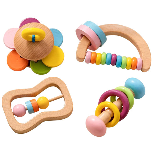 4 PCS Wooden Baby Rattle, Organic Colorful Baby Rattles Set, Wood Rattles for Babies 0-6-12 Months