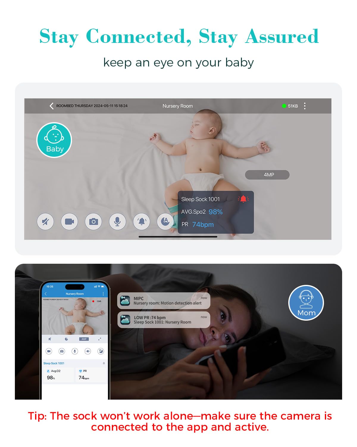 Babytone Baby Monitor - Smart Sleep Sock & 2.5K HD Camera, Track Heart Rate & Average Oxygen Level, Cry/Motion Detect, Two-Way Audio and Night Vision Baby Monitor with APP