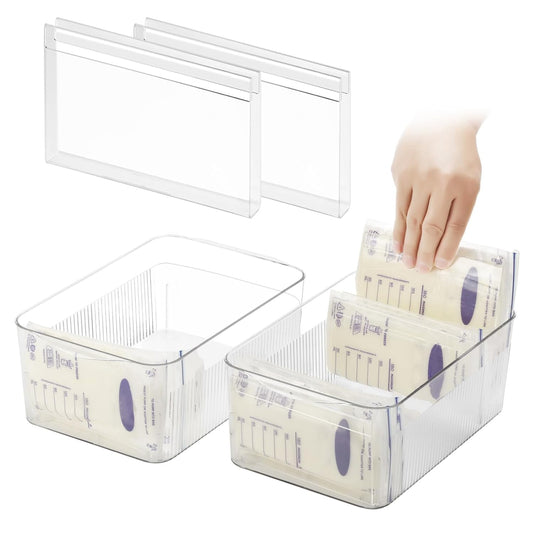 Breastmilk Storage Container with 4 Freezer Flattener Kit to Flatten Standing Breast Milk Bags in