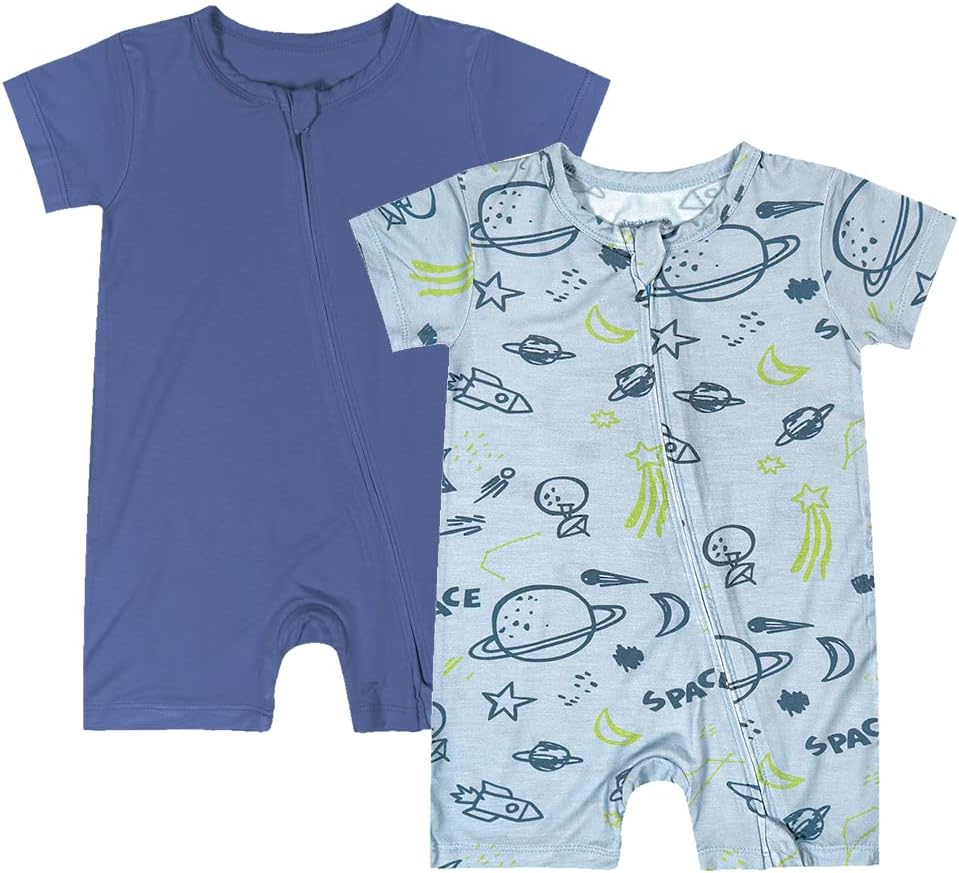 Teach Leanbh Baby Boys Girls 2 Pack Bamboo Viscose Pajamas 2 Way Zipper Short Sleeve Romper Jumpsuit Sleep and Play