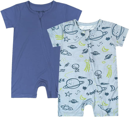 Teach Leanbh Baby Boys Girls 2 Pack Bamboo Viscose Pajamas 2 Way Zipper Short Sleeve Romper Jumpsuit Sleep and Play