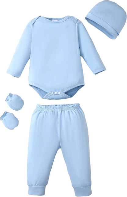 NZRVAWS Newborn Baby Boy Girl Clothes Unisex Infant Romper Pants Set Hat 4-Pack Outfits 0-12 Months 16 Pieces Toddler