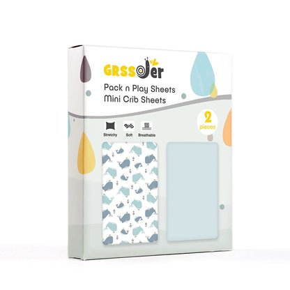 GRSSDER Stretchy Ultra Soft Jersey Knit Fitted Pack n Play Sheets Set 2 Pack, Portable/Mini Cribs