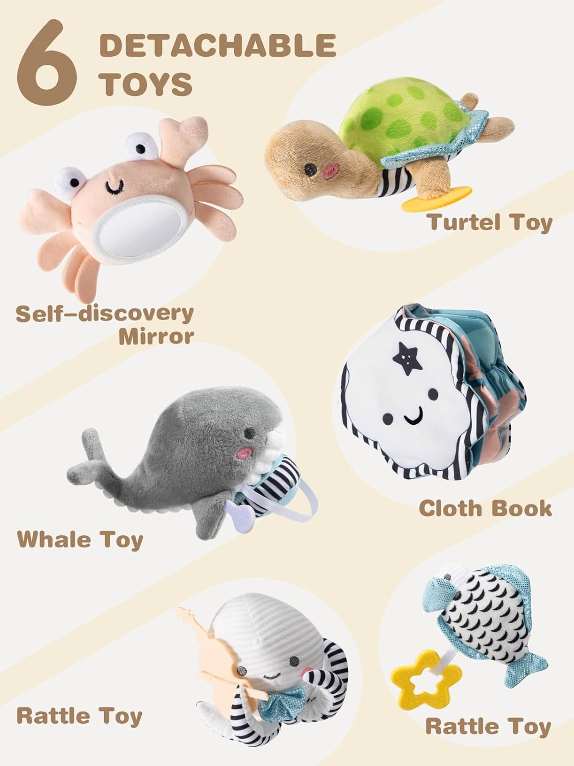 Shell Baby Play Mat, Play Mat for Babies 0-6 6-12 Months, Tummy Time Mat w 6 Detachable Toys, Enlarged Infant Activity Mat for Sensory & Motor Skill Development Boho Ocean Theme Baby Play Gym (White)