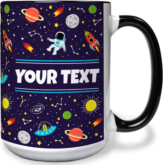 Personalized Mug for Kids - Outer Space - Custom Name/Text, Ceramic Hot Chocolate/Cocoa/Coffee Cup for Boys/Girls, Birthday/Christmas/Holiday Gift - 15 oz, Black Handle