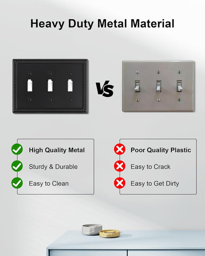 2-Pack Triple Toggle Light Switch Cover Plate, Pearls Decorative Switch Plate Covers, Black 3 Gang Metal Wall Plate, Corrosion Resistant