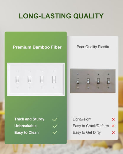 2-Pack Quad Toggle Light Switch Cover Plate, White Decorative Switch Plate Covers, Natural Bamboo Fiber 4 Gang Wall Plate, Corrosion Resistant