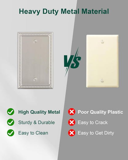 2-Pack Blank Outlet Cover Wall Plate, Metal Switch Plates Outlet Covers, Brushed Nickel Pearls Beaded Decorative Wall Plates