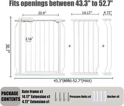 Extra Wide Baby Gate - 48-52.7 Inch Tension Mounted Safety Child & Pet Gate - White Metal - Walk Through - Long - for House Doorways & Stairs