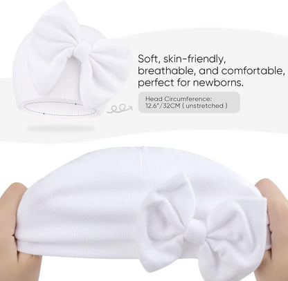 BQUBO Newborn Baby Hats Mittens Set Hospital Hat Beanie Infant Bow Hats Baby Gloves No Scratch Mittens for 0-6 Months