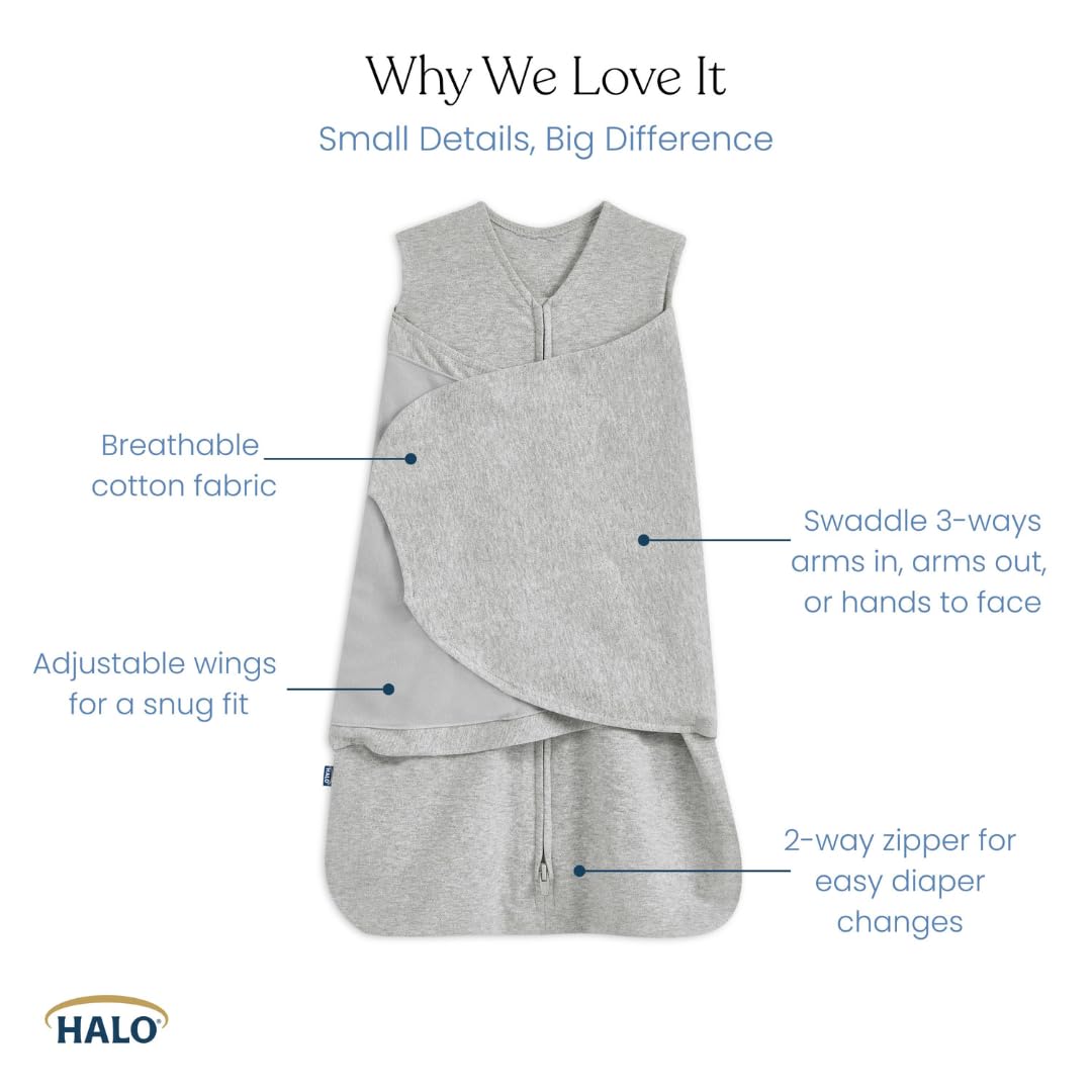 HALO 100% Cotton Sleepsack Swaddle, 3-Way Adjustable Wearable Blanket, TOG 1.5, Baby Blue, Newborn