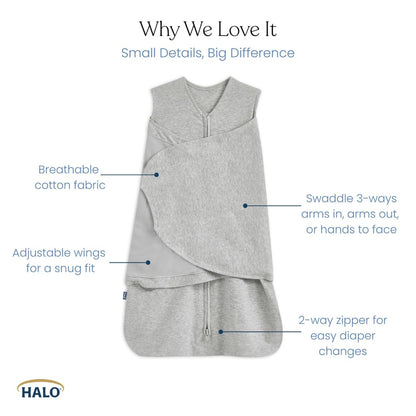 HALO 100% Cotton Sleepsack Swaddle, 3-Way Adjustable Wearable Blanket, TOG 1.5, Baby Blue, Newborn