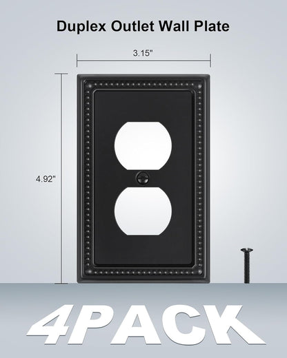 4-Pack Duplex Outlet Cover, Black Metal Wall Plates for Electrical Outlets, 1 Gang Receptacle Light