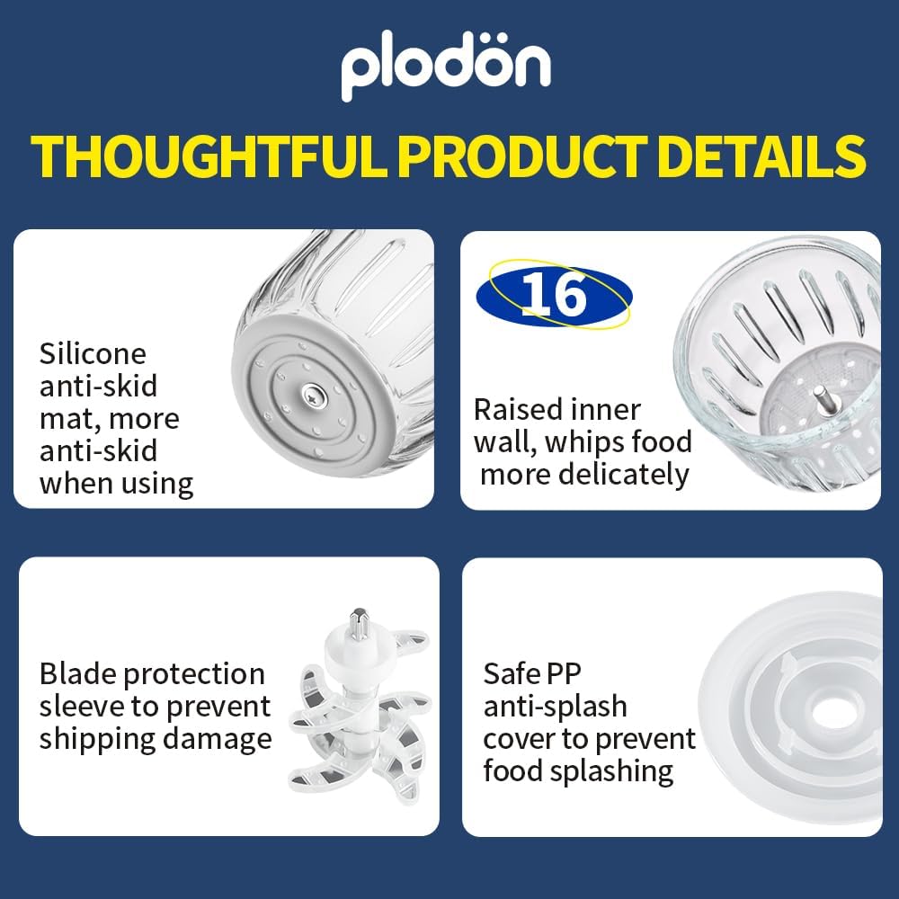 Baby Food Maker Mini Cute and Small Food Processor Puree Blender Grinder Chopper with 2 Glass Bowls(0.6L+0.3L) 8 Blades Electric (Without Battery) -2 Bowls