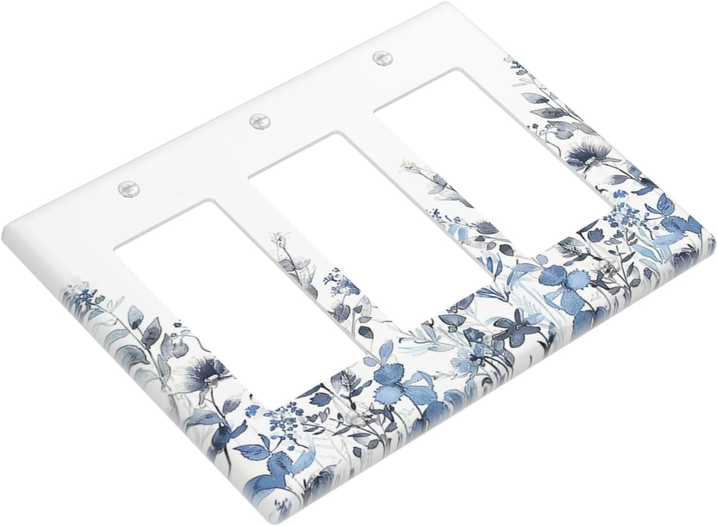 Light Switch Covers Light Blue Watercolor Leaves Plant With Floral 3 Gang Rocker Electrical GFCI Decorative Triple Outlet Wall Plate Cover Switchplate for Bedroom Bathroom Decor