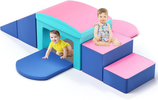 SURPCOS Crawl and Climb Foam Play Set, 6 Pcs Climbing Toys for Toddlers 1-3, Climb and Crawl Activity Playset, Soft Play Equipment Crawling and Sliding (Blue&Pink) 6 peices