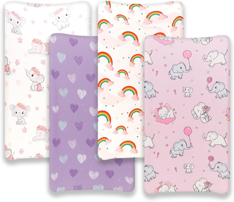 4 Pack Baby Girl Changing Pad Covers Sheets Set Soft Fitted Floral or Elephant Theme Baby Girl Mattress Covers Breathable Toddler Bed Sheets for Infant or Newborn Girls (Elephant, Changing Pad Covers)