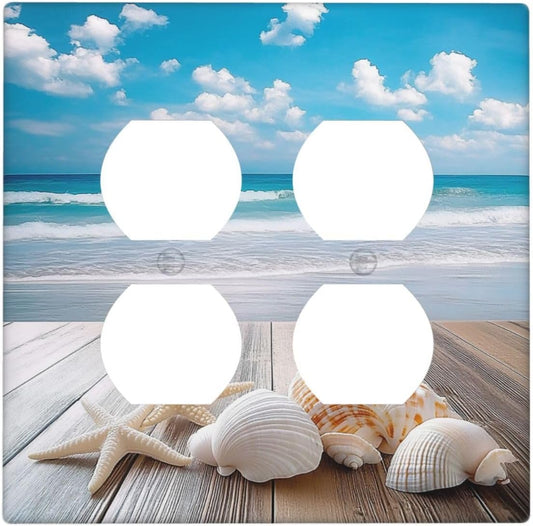 Outlet Covers Beach Waves Brown Wood Starfish Shells 2 Gang Double Duplex Decorative Light Switch