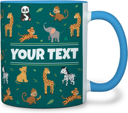 Personalized Mug for Kids - Zoo Animals - Custom Name/Text, Ceramic Hot Chocolate/Cocoa/Coffee Cup for Boys/Girls, Birthday/Christmas/Holiday Gift - 11 oz, Light Blue Handle