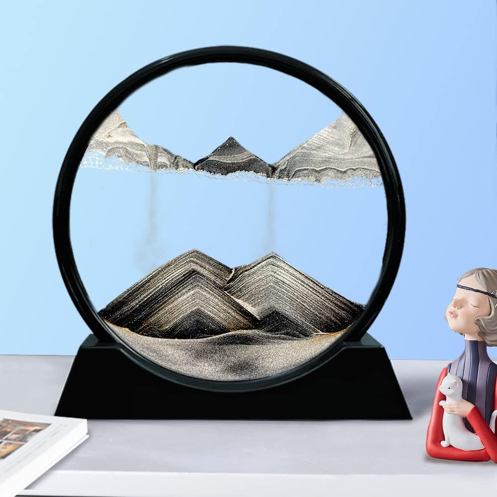 Aoderun Moving Sand Art Picture Round Glass 3D Deep Sea Sandscape in Motion Display Flowing Sand Frame Relaxing Desktop Home Office Work Decor (12", Black)