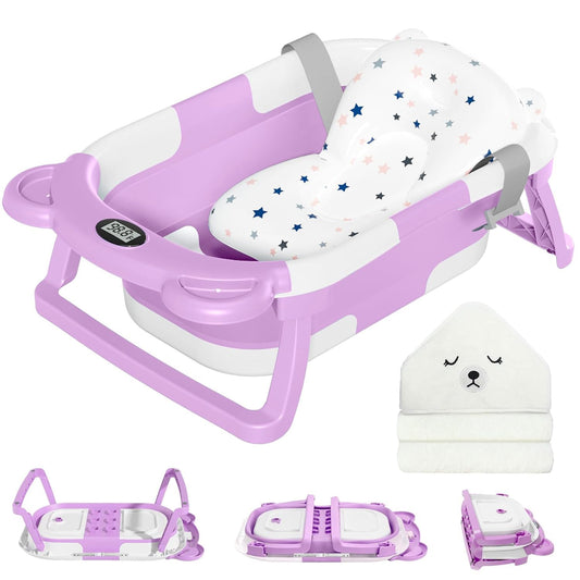 MoreFeel Collapsible Baby Bathtub for Newborn with Thermometer & 1 Hooded Towel & 1 Soft Floating