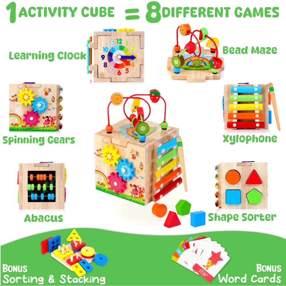 8-in-1 Wooden Baby Activity Cube, Montessori Toys for Toddler 1+ Year Old