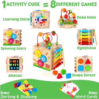 8-in-1 Wooden Baby Activity Cube, Montessori Toys for Toddler 1+ Year Old