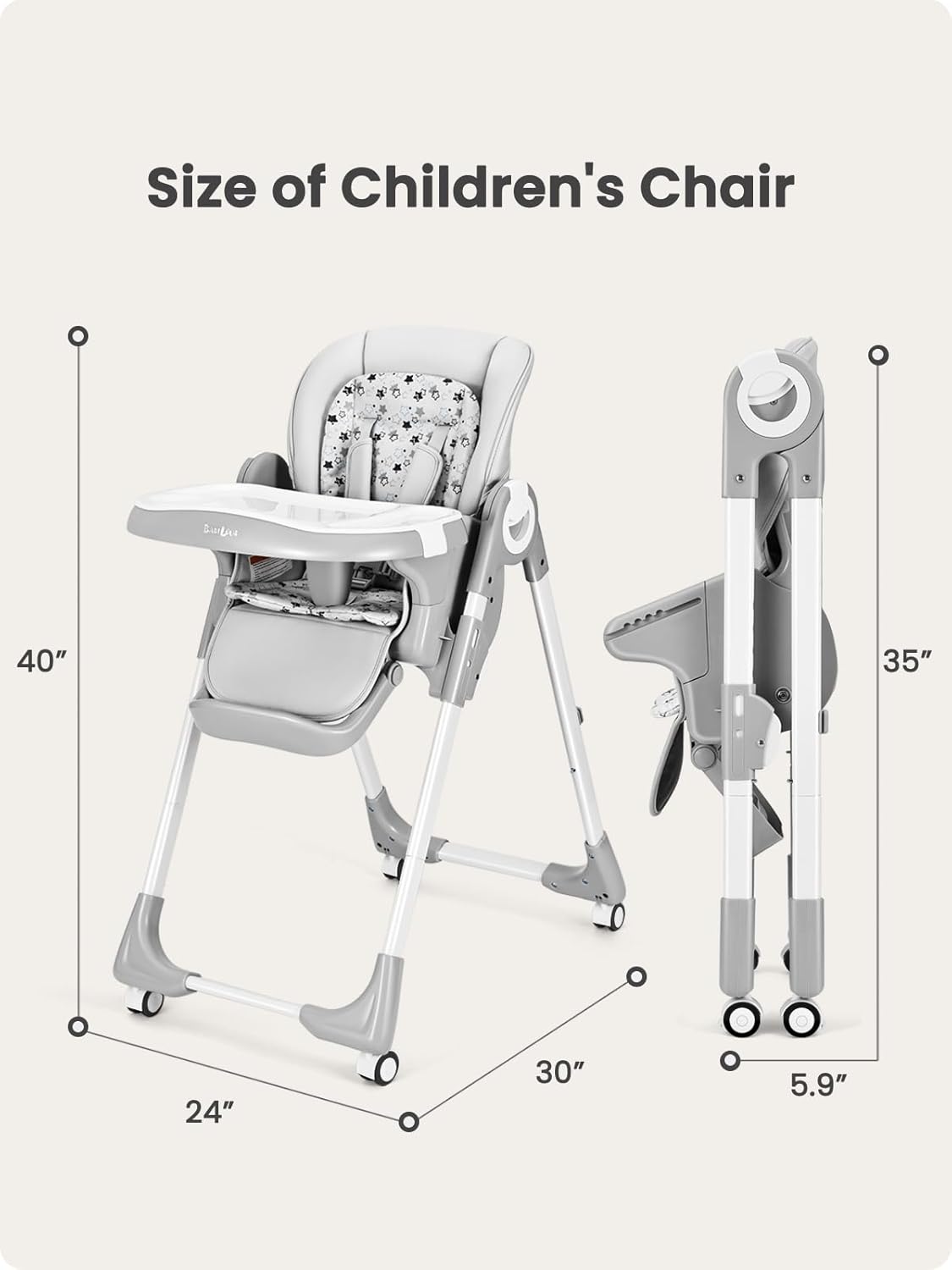 Foldable High Chair with Soft Cushion, High Chairs for Babies and Toddlers, Height Adjustable
