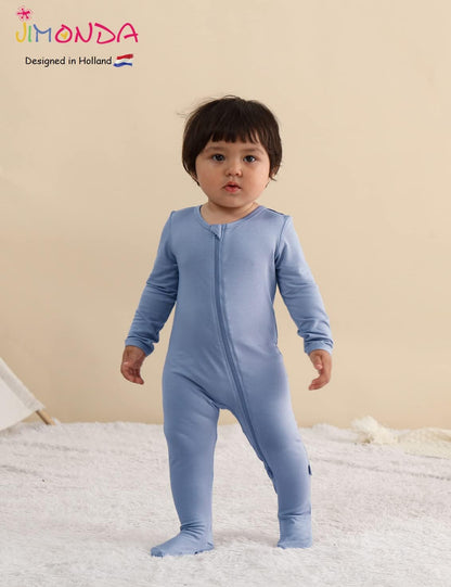 Jimonda Baby Boy Romper 4-Pack - Bamboo Zip-Up Pajamas for 0-24 Months,Unisex Footed Sleepers,Ultra-Soft Stretchy Fabric