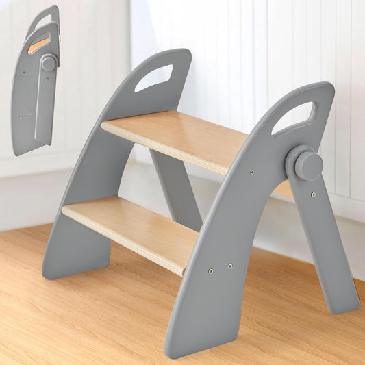Reeple Wooden 2 Step Stool for Toddlers, Foldable 2-Step with Non-Slip Pads and Handles, Bamboo