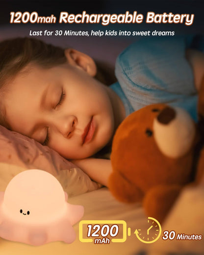 Cute Octopus Rechargeable Silicone Night Light for Kids, Dimmable Touch Control Nightlight with Timer, Portable USB Baby Night Lamp for Nursery, Bedroom